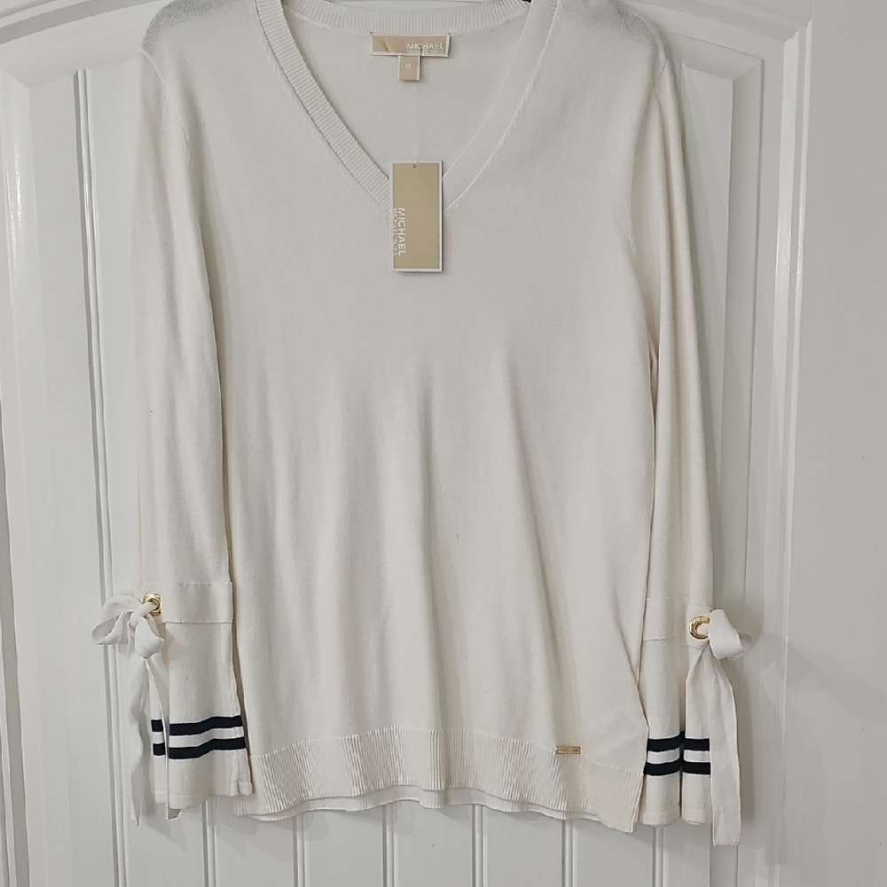 MICHAEL Michael Kors White Sweater with Navy Accents